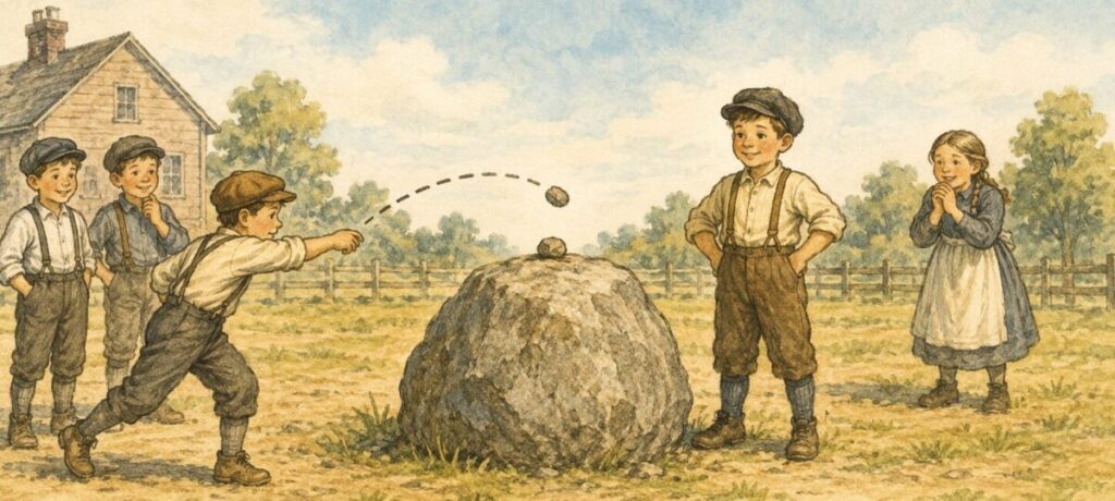 ダック オン ザ ロックを遊んでいる子供たち。岩の上に置いた石に石を投げて当てようとしている。