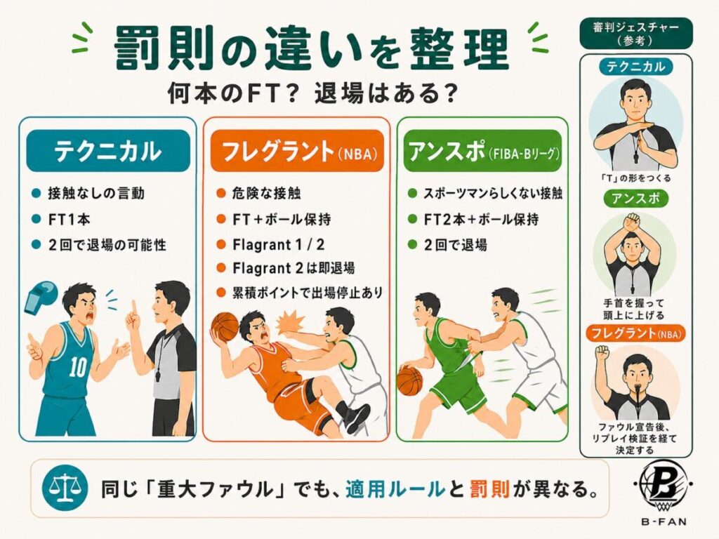 フレグラント・アンスポ・テクニカルの罰則の違いをまとめた一覧表。