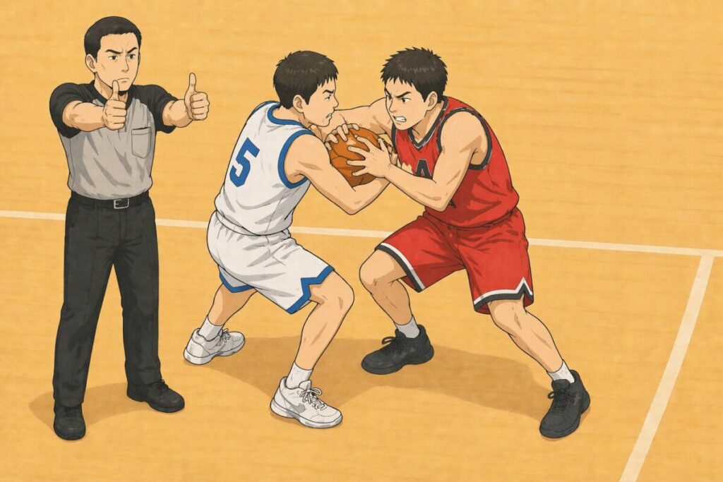 バスケのヘルドボールの図。2人の選手がボールを保持しあい、審判が両手サムズアップのハンドサインを行っている。