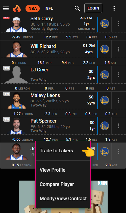 トレード相手にクミンガ選手を選択してみる